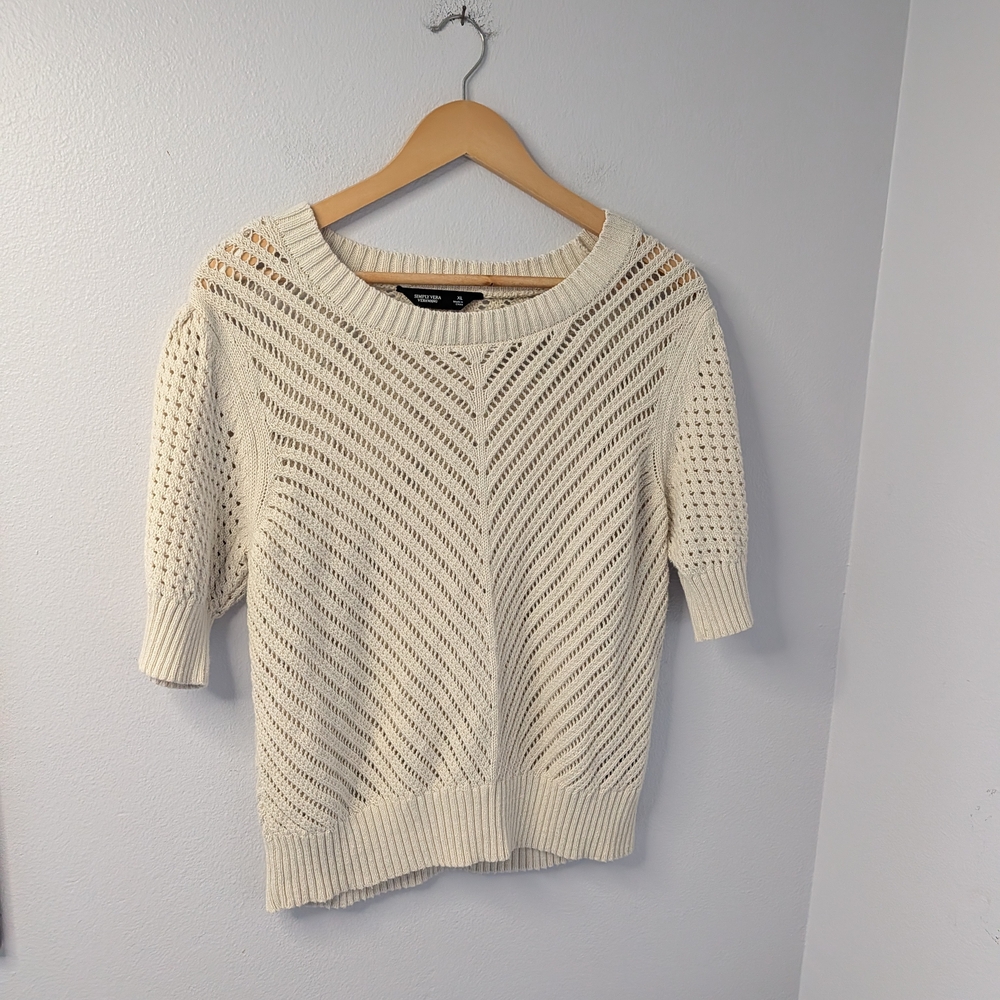 Simply Vera Vera Wang Cream Open-Knit Short Sleeve‎ Sweater | XL